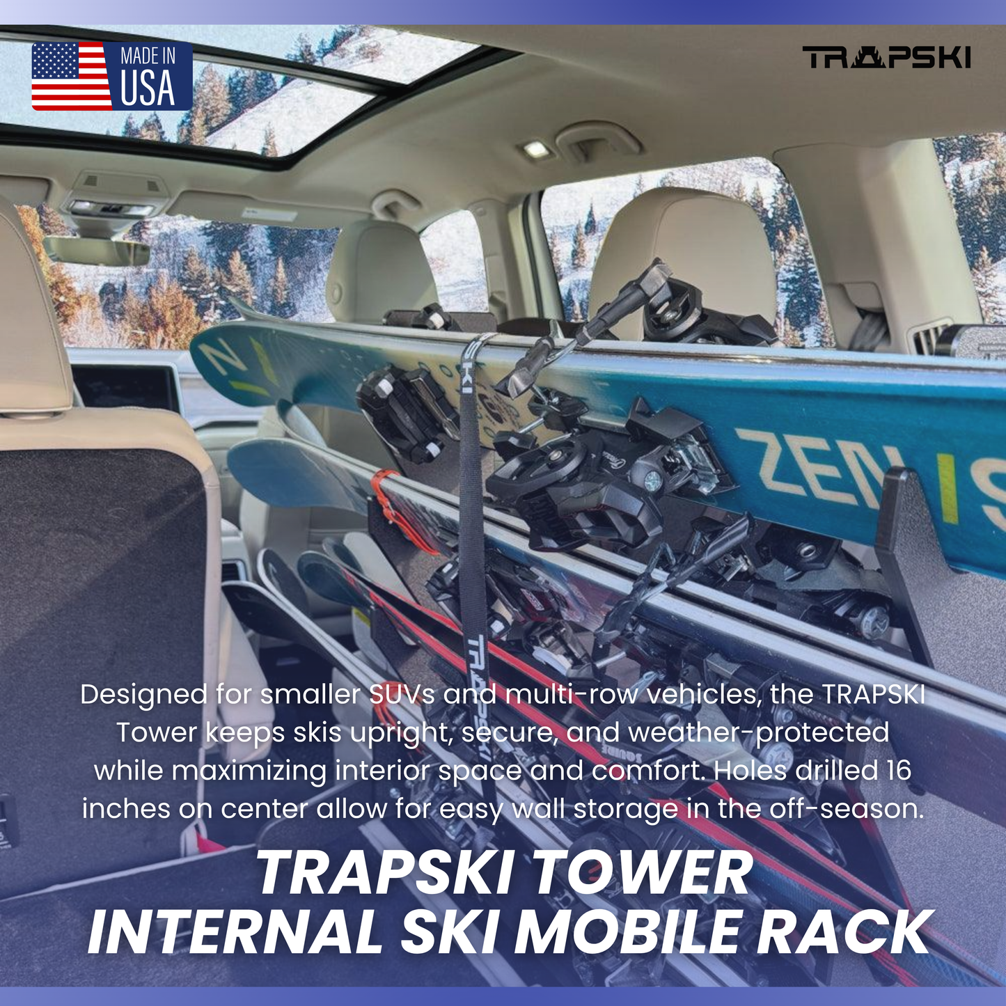 TRAPSKI Tower Internal Ski Rack with Security Strap Vehicle Storage System