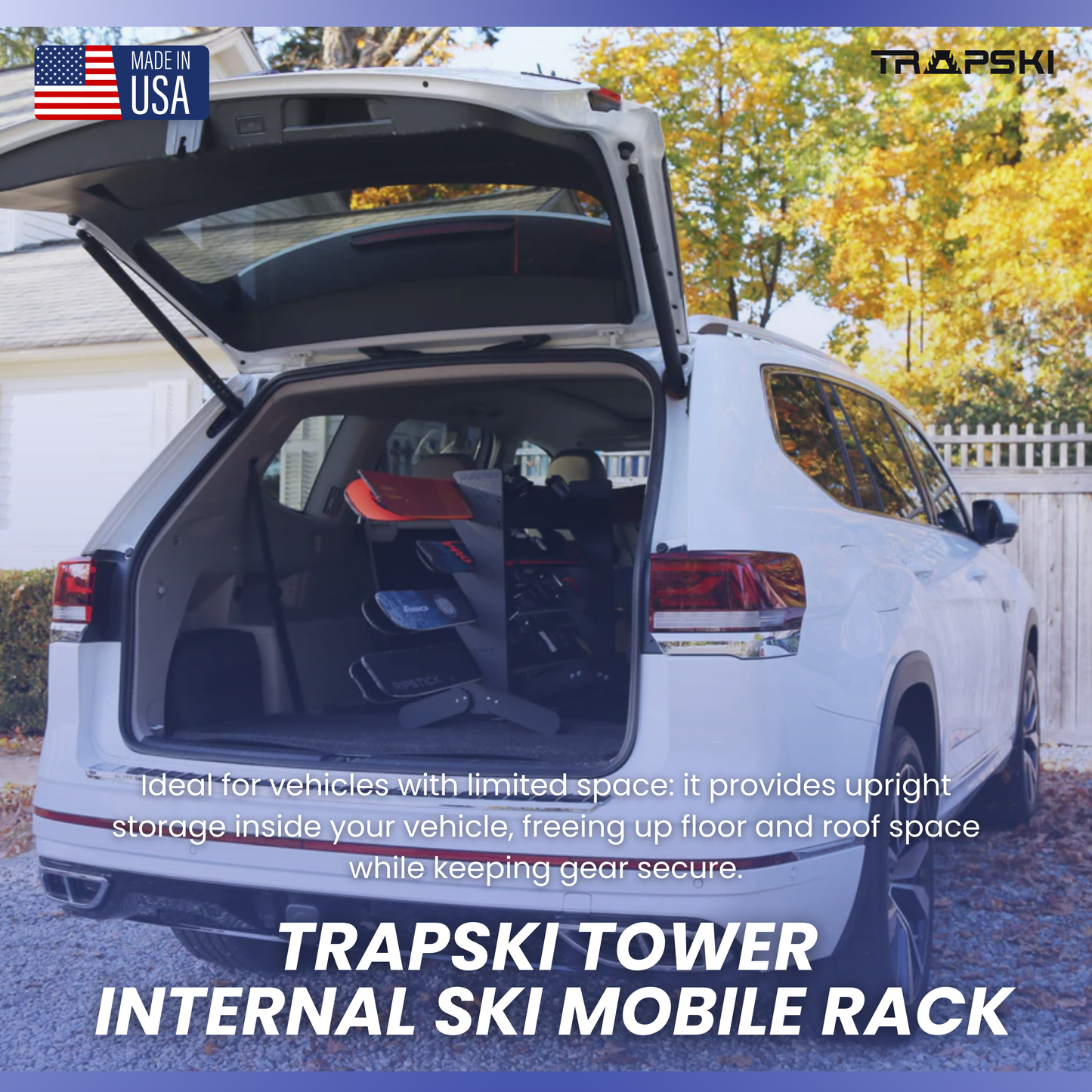 TRAPSKI Tower Internal Ski Rack with Security Strap Vehicle Storage System