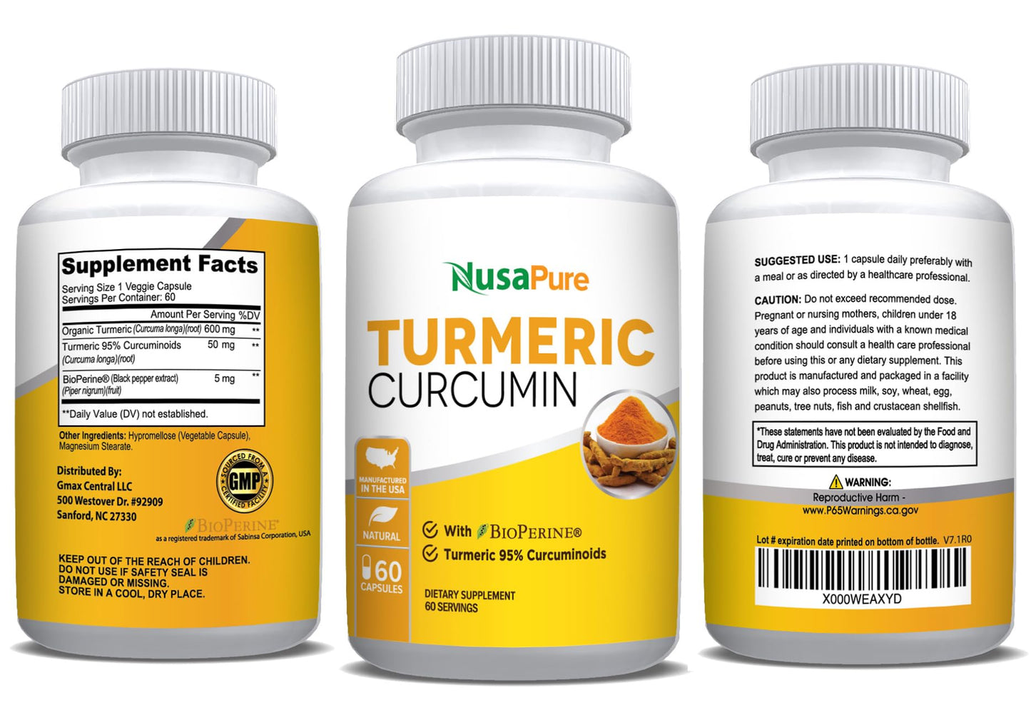 NusaPure Turmeric Curcumin 600 mg 60 Capsules Turmeric 95% Curcuminoids Dietary Supplement