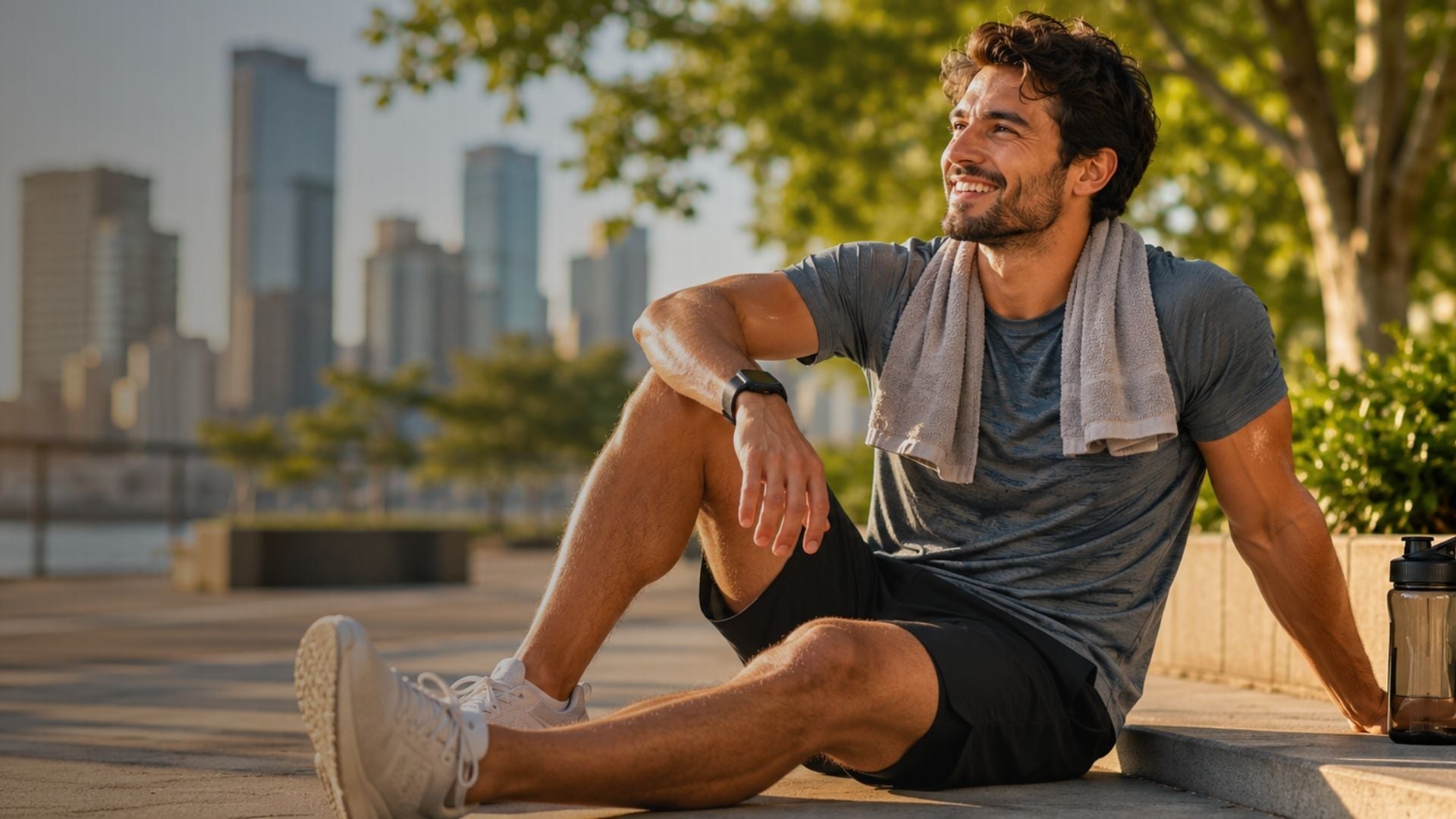 Man with a towel around his neck sitting outdoors with a city skyline in the background