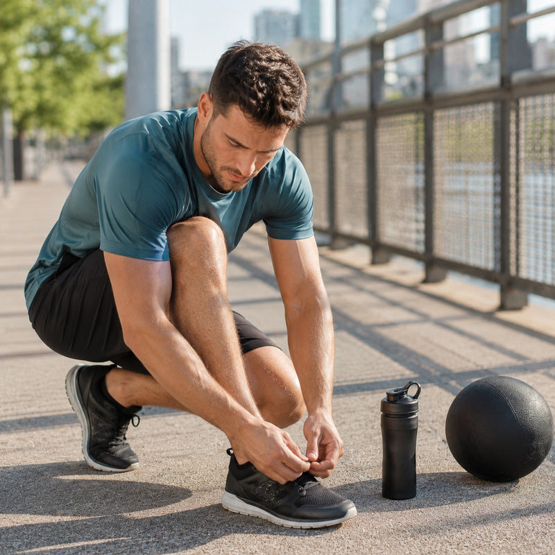 Man tying his shoe outdoors with a water bottle and medicine ball nearby.