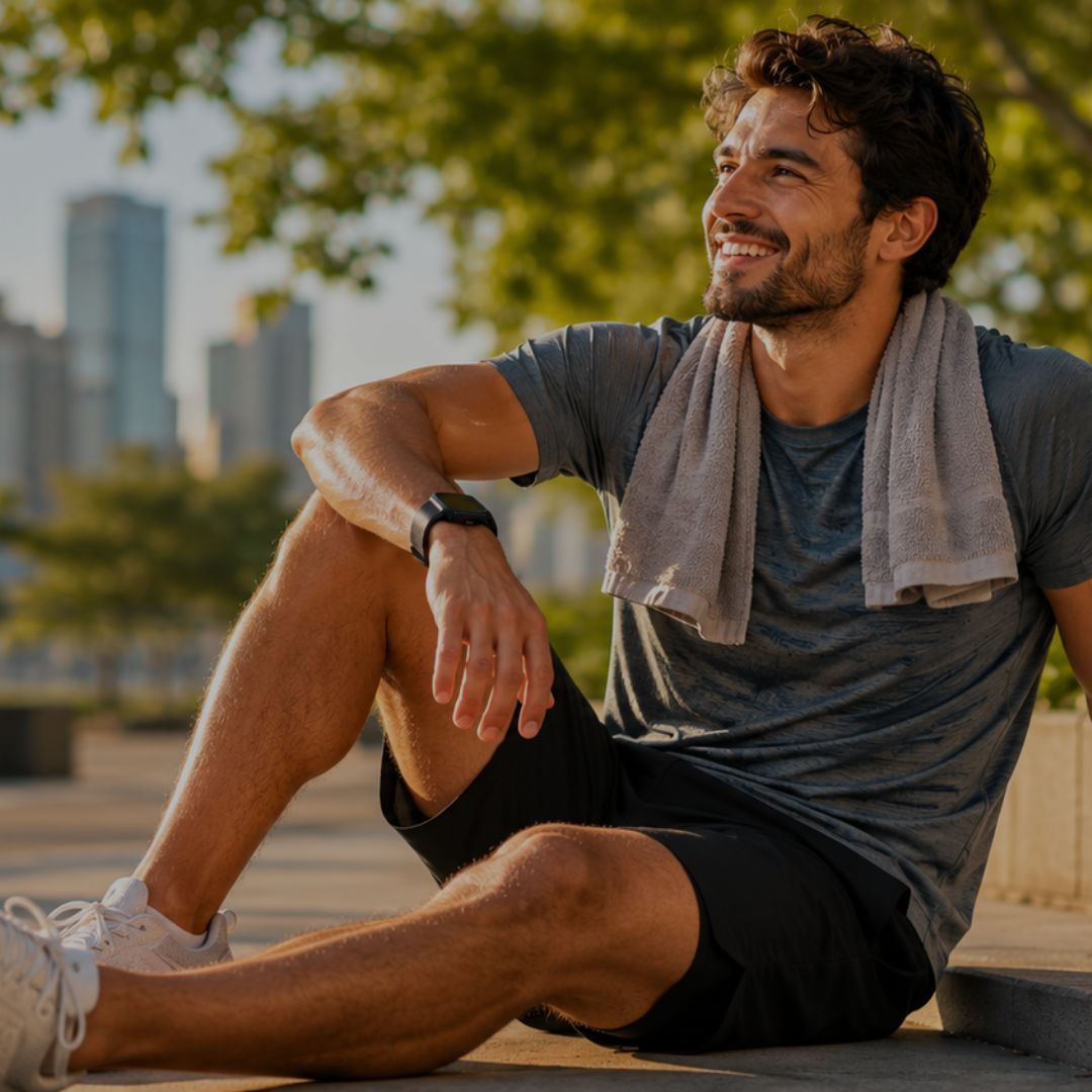 Man sitting outdoors with a cityscape in the background