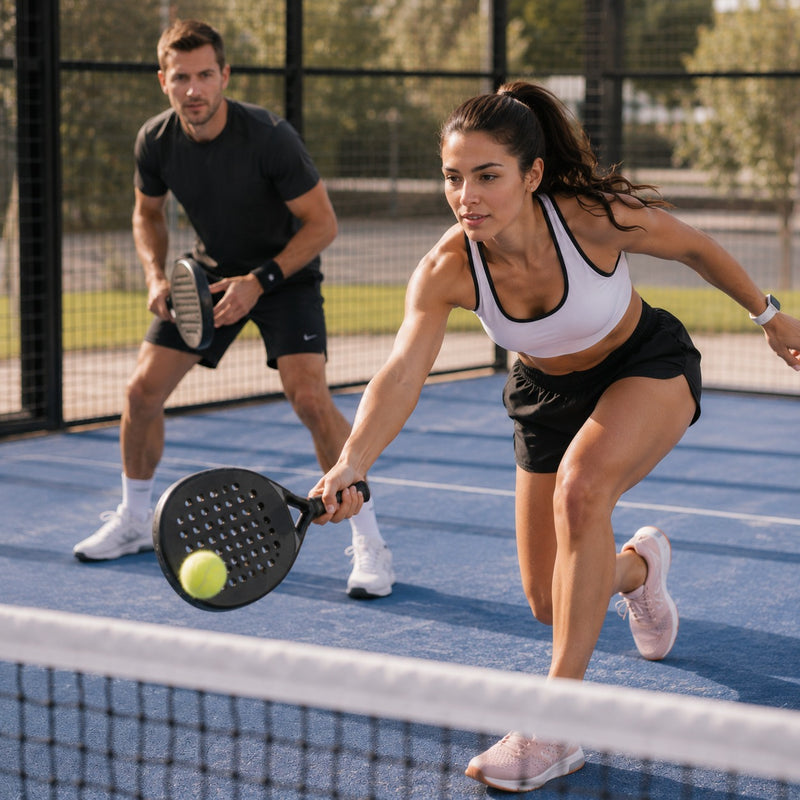 Two people playing paddle tennis on a court