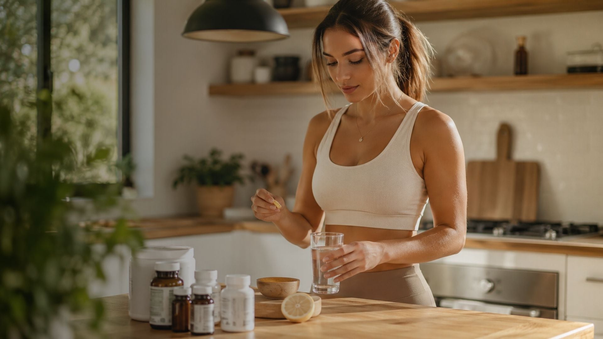 Woman in a kitchen preparing a drink with ingredients on a wooden counter.