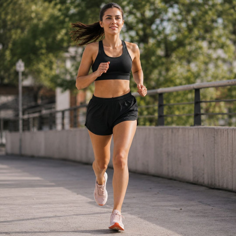 Woman running on a path with trees in the background